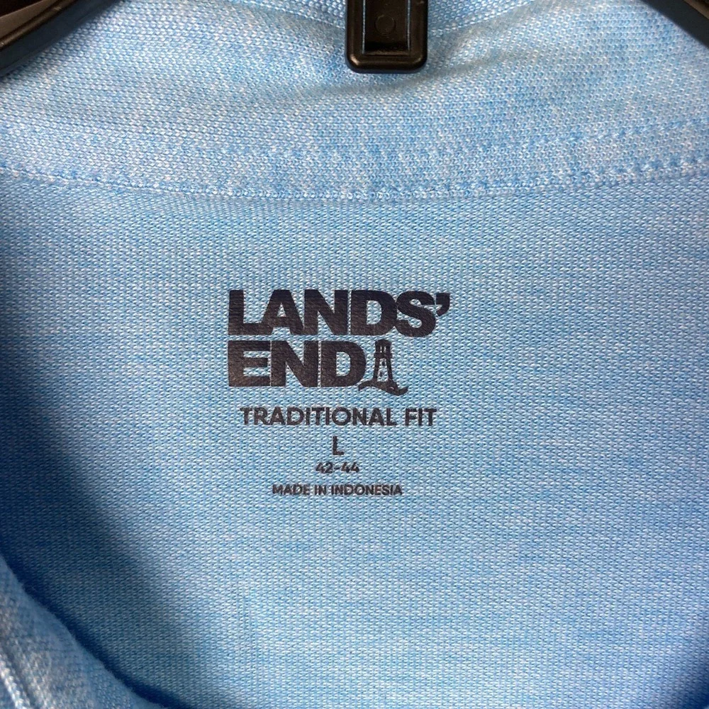 Lands End Shirt‎ Mens L Blue Button Up Traditional Fit Knit Collar Long Sleeve